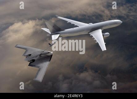 Cette photo non datée de Northrop Grumman montre un pétrolier KC-30 ravitaillant un bombardier B-2. L'US Air Force a déclaré qu'elle avait adjugé le contrat pour un maximum de 179 navires-citernes aériens à la KC-30 de Northrop Grumman Corp et à la société mère d'Airbus, ce qui avait rejeté une offre concurrente de Boeing Co. Les analystes de la défense estiment que le contrat s'élève à 30 milliards de dollars pour les 40 10 à 15 prochains années. Northrop et EADS ont l'intention de construire les navires-citernes de Mobile, en Alabama, à partir de l'Airbus A330. Document photo par Northrop Grumman/ABACAPRESS.COM Banque D'Images