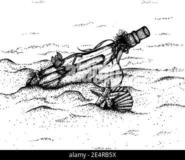 Message dans une bouteille située sur une plage de sable. Illustration vectorielle dessinée à la main. Dessin monochrome isolé sur fond blanc Illustration de Vecteur