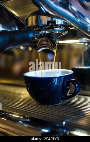 Un espresso frais s'égoutte du porte-filtre de la machine à café en noir cuvette Banque D'Images