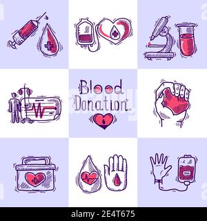 Ensemble de conception de donneur avec croquis de don de sang et d'organe icônes illustration vectorielle isolée Illustration de Vecteur