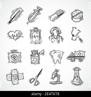 Les icônes de pharmacie et d'hôpital médicales et de soins de santé esquissés ensemble isolé illustration vectorielle Illustration de Vecteur