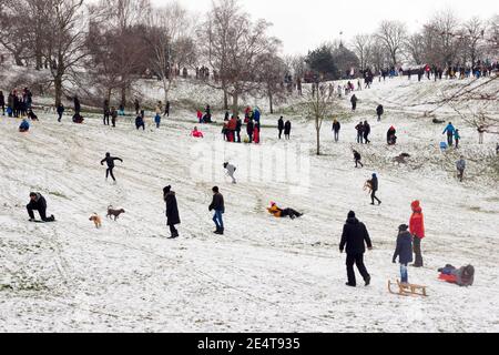 Les gens qui font la plupart de la neige lourde à London greenwich Park avoir plaisir à traîneaux, Londres Banque D'Images