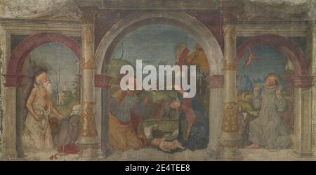 Maveolo Da Cazano la Nativité avec Saint Jérôme et Saint François d'Assise recevant le S. Banque D'Images
