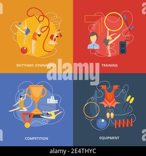 Kit de conception de gymnastique avec équipement de compétition d'entraînement rythmique plat icônes illustration vectorielle isolée Illustration de Vecteur