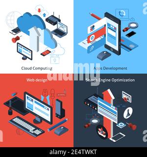 Concept de conception informatique et Web avec applications de cloud computing optimisation du moteur de recherche de développement icônes isométriques illustration vectorielle Illustration de Vecteur