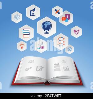Concept d'éducation avec un livre ouvert réaliste et des icônes de connaissances hexagonales définir l'illustration vectorielle Illustration de Vecteur