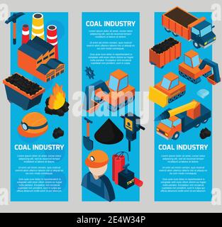 Banderoles verticales pour l'industrie du charbon avec machines pour le transport des travailleurs isométriques illustration vectorielle isolée des éléments Illustration de Vecteur
