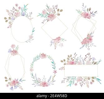 Ensemble aquarelle de cadres décoratifs avec de délicates fleurs roses, des feuilles et des branches. Banque D'Images