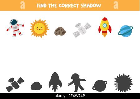 Trouver l'ombre correcte de tous les éléments d'espace. Jeu logique éducatif pour les enfants. Illustration de Vecteur