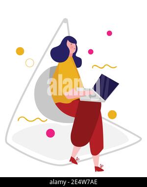 les femmes s'assoient sur un seul canapé et travaillent sur un ordinateur portable avec un dessin animé style plat Illustration de Vecteur