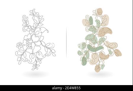 Fleurs lignes art design, Floral dessin à la main vecteur avec deux modèles couleurs monochrome et pastel, applicable pour les cartes d'invitation, cartes de vœux Illustration de Vecteur