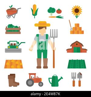 Homme fermier professionnel personnage de dessin animé debout dans ungarees vert uniforme avec illustration vectorielle plate de l'affiche de la fourche à foin Illustration de Vecteur