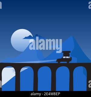 voiture de sport silhouette avec des bagages au toit en roulant sur le pont dans le fond de nuit décorée par une illustration vectorielle de couleur bleu ombre. Illustration de Vecteur