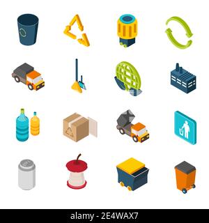 Icônes isométriques d'ordures définies avec le symbole de recyclage de la poubelle et illustration du vecteur isolé du chariot Illustration de Vecteur