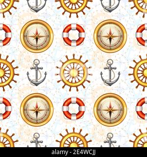 Symboles marins modèle sans couture avec bouée de sauvetage d'ancrage de volant et illustration du vecteur de boussole Illustration de Vecteur