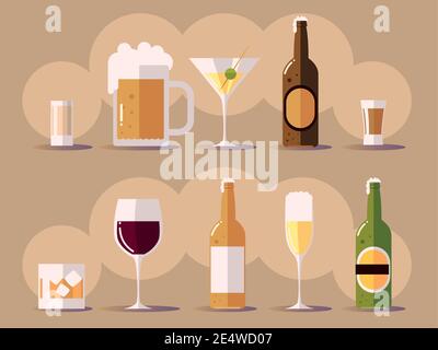 affiche des icônes avec des bouteilles de bière au champagne et des tasses avec illustration vectorielle Illustration de Vecteur