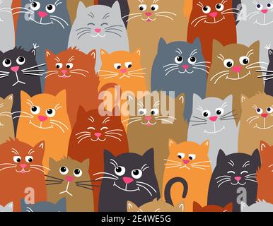 Motif sans coutures chat. Joli motif animal coloré. Différents visages de chats, drôle, triste, endormi. Illustration vectorielle en style plat. Illustration de Vecteur