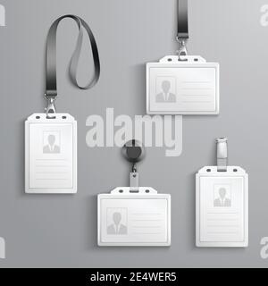 Identification cartes d'identité en plastique blanc vierge avec fermoir et illustration vectorielle isolée de longes Illustration de Vecteur