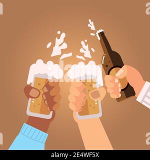 hommes mains avec tasses à bière et bouteille célébrant, hourers illustration vectorielle Illustration de Vecteur