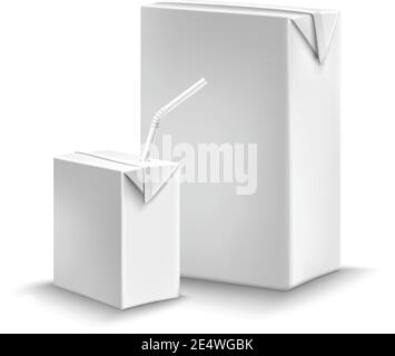 Kit d'emballage de jus ou de lait liquide avec boîtes en carton avec illustration du vecteur de paille à boire Illustration de Vecteur