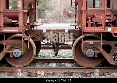 Coupleur de wagon-trémie, sur les voies, au chantier ferroviaire BNSF, Troy, Montana. Burlington Northern and Santa Fe Railway a été formé en 1996, W Banque D'Images