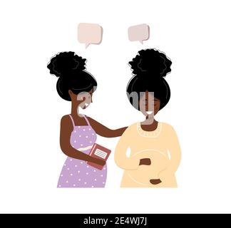 Une fille africaine enceinte se parle. Les femmes d'affaires discutent des réseaux sociaux, discutent avec des bulles de dialogue, discutent des moments de travail. Moderne Illustration de Vecteur