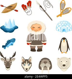 Les icônes décoratives des Chukchi et des animaux du nord sont décorées avec des cerfs husky illustration du vecteur isolé de chien ours Illustration de Vecteur