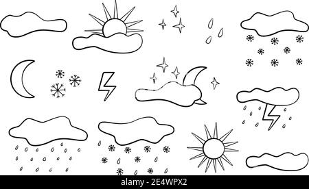 Ensemble météo Doodle. Doodle nuages, soleil, lumière et pluie. Esquisser l'icône de la météo Illustration de Vecteur