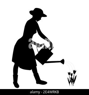 Silhouette de femme jardinier arroser des fleurs avec de l'eau Illustration de Vecteur