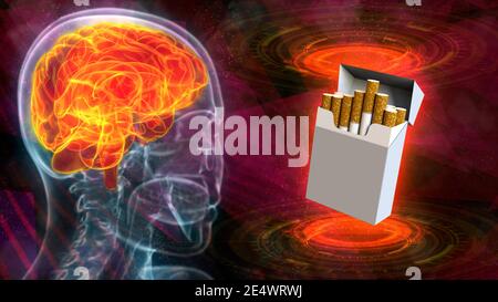 Image de la tête humaine rontgen avec cerveau mis en évidence et paquet de cigarettes - cerveau affecté par le concept de nicotine, illustration médicale haute technologie 3D Banque D'Images