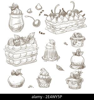 Desserts et sucreries, gâteaux et tartes à la boulangerie Illustration de Vecteur