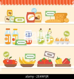 Illustration vectorielle de la collection bio ECO d'aliments naturels sur les étagères des supermarchés Illustration de Vecteur