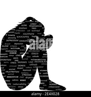 Silhouette de femme triste avec motif typographique Illustration de Vecteur