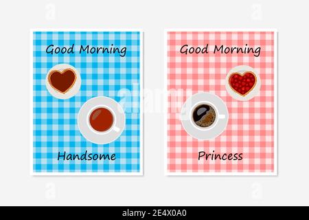 Saint-Valentin. Cartes de vœux avec tasses de thé, café et biscuits en forme de coeur. Style dessin animé plat. Illustration vectorielle Illustration de Vecteur