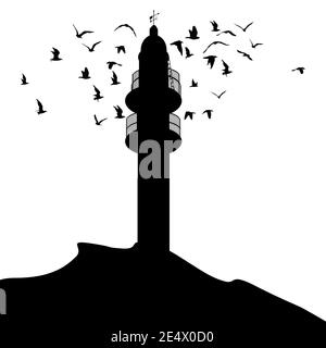 Silhouette de phare et oiseaux noirs qui volent autour de lui Illustration de Vecteur