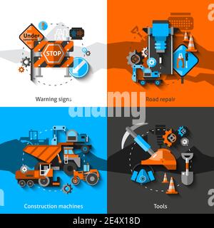 Jeu de concepts de réparation de routes avec panneaux d'avertissement machines de construction et outils icônes plates illustration vectorielle isolée Illustration de Vecteur