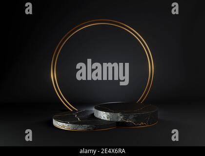 représentation 3d du podium en marbre noir et blanc sur arrière-plan noir Banque D'Images
