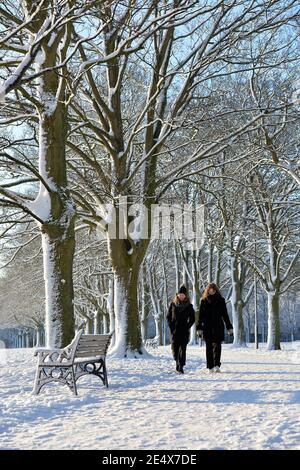 Leicester, Leicestershire, Royaume-Uni 25 janvier 2021. ROYAUME-UNI. Météo. Neige. Une matinée enneigée dans le parc Victoria de Leicester City. Alex Hannam/Alamy Live News Banque D'Images