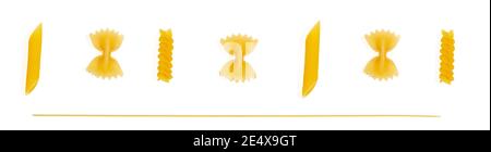 Plat de différents types de pâtes, vue de dessus sur les pâtes de différentes formes sur fond blanc, bannière Banque D'Images