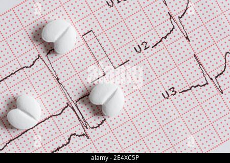 Les pilules en forme de cœur se trouvent sur le ruban de l'électrocardiogramme. Gros plan. Maladie cardiaque. Banque D'Images