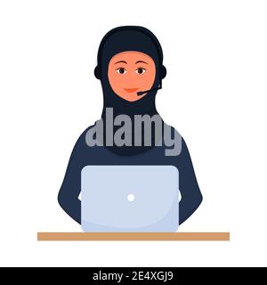 Femme arabe dans le hijab travaillant, opérateur de centre d'appel, support avec ordinateur portable et casque isolé sur fond blanc. Femme musulmane consultante, assistan Illustration de Vecteur