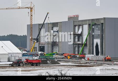 25 janvier 2021, Brandebourg, Grünheide : le chantier de construction du Gigafactory Tesla à l'est de Berlin. Un maximum de 500,000 véhicules par an doit sortir de la chaîne de production à l'usine à partir de juillet 2021 - le constructeur automobile prévoit d'atteindre le maximum le plus rapidement possible. Le constructeur automobile américain prévoit initialement d'employer jusqu'à 10,500 personnes par quart dans sa première usine prévue en Europe. Photo: Patrick Pleul/dpa-Zentralbild/ZB Banque D'Images