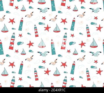 Motif marin d'été sans couture sur fond blanc Illustration de Vecteur