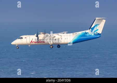 Homme, Maldives – 19 février 2018 : avion Bombardier DHC-8-300 de Maldiviens à l'aéroport de Malé (MLE) aux Maldives. Banque D'Images