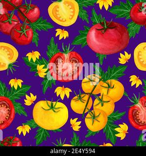 Motif tomate aquarelle sans couture avec fleur Banque D'Images