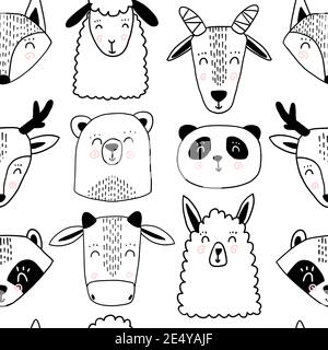 Joli motif animal scandinave sans coutures. Panda brebis chèvre Lama ours cerf raton renard animaux visages pour enfant. Illustration de Vecteur