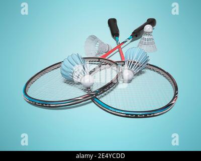 jeu de rendu 3d de raquettes de badminton avec des volants adultes sur fond bleu avec ombre Banque D'Images