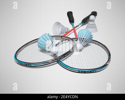 jeu de rendu 3d de raquettes de badminton avec des volants adultes sur fond gris avec ombre Banque D'Images