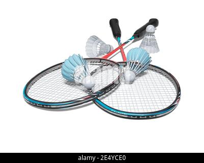 jeu de rendu 3d de raquettes de badminton avec des volants adultes sur fond blanc avec ombre Banque D'Images