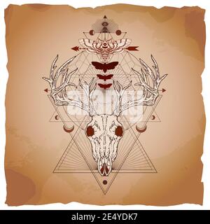 Illustration vectorielle avec crâne de cerf dessiné à la main, papillon de tête mort et symbole géométrique sacré sur fond de papier vintage avec bords déchirés. Résumé mysti Illustration de Vecteur